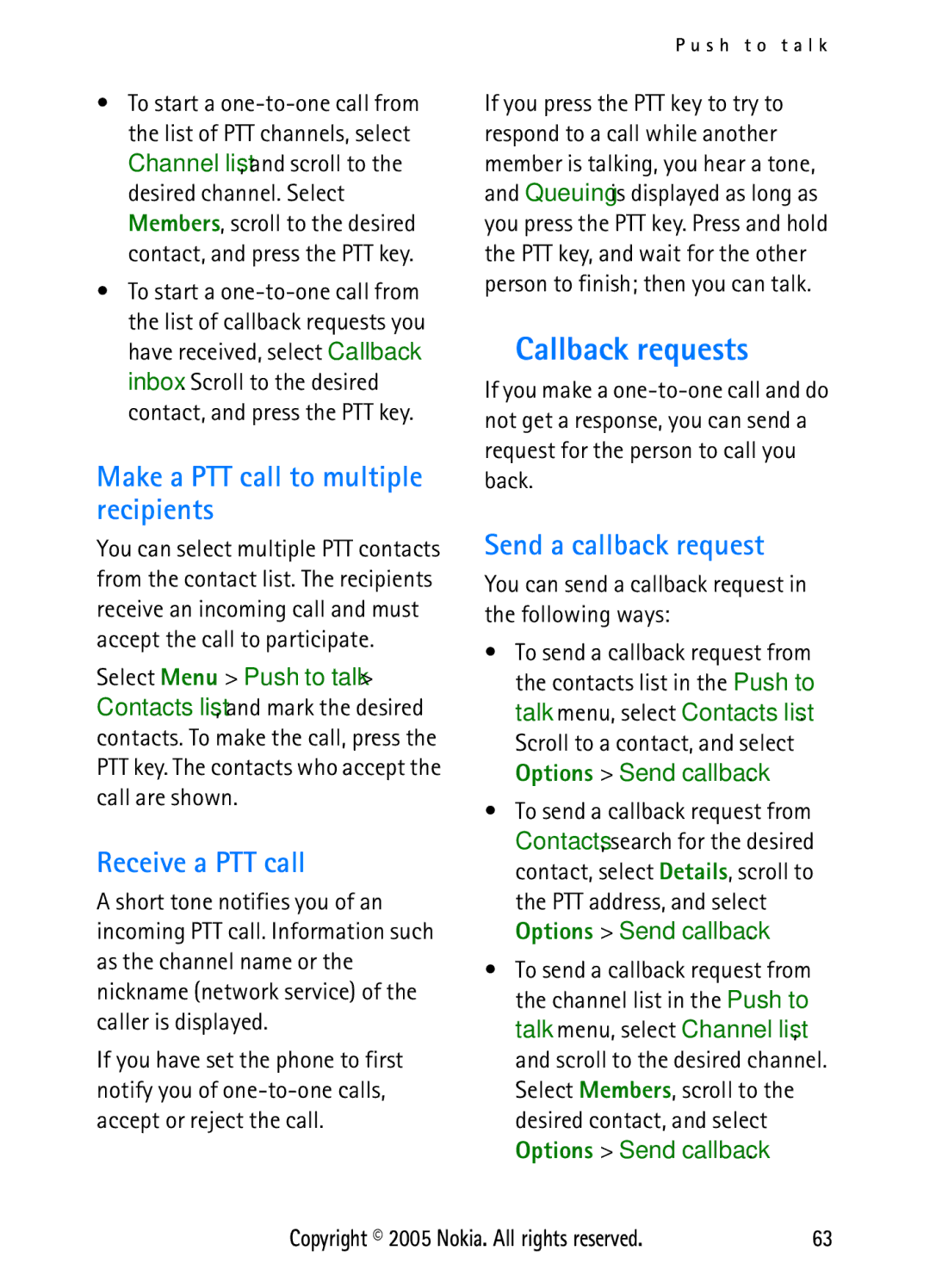 Nokia N6270 manual Callback requests, Make a PTT call to multiple recipients, Receive a PTT call, Send a callback request 