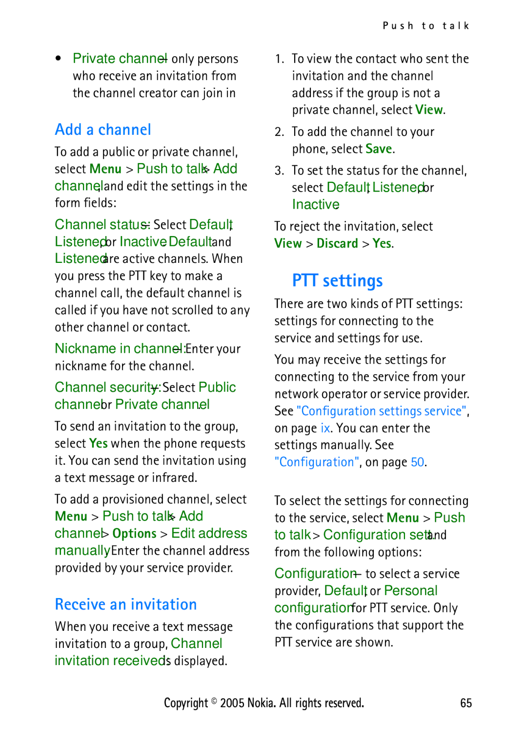 Nokia N6270 manual PTT settings, Add a channel, Receive an invitation, To reject the invitation, select View Discard Yes 