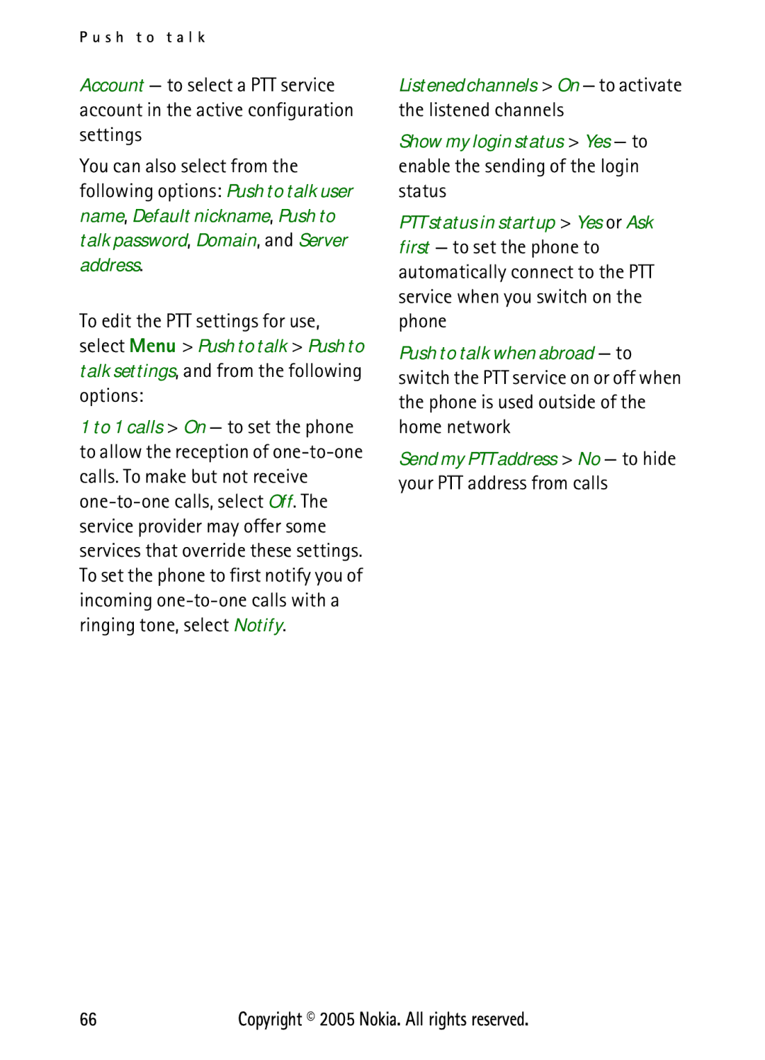 Nokia N6270 manual Send my PTT address No to hide your PTT address from calls 