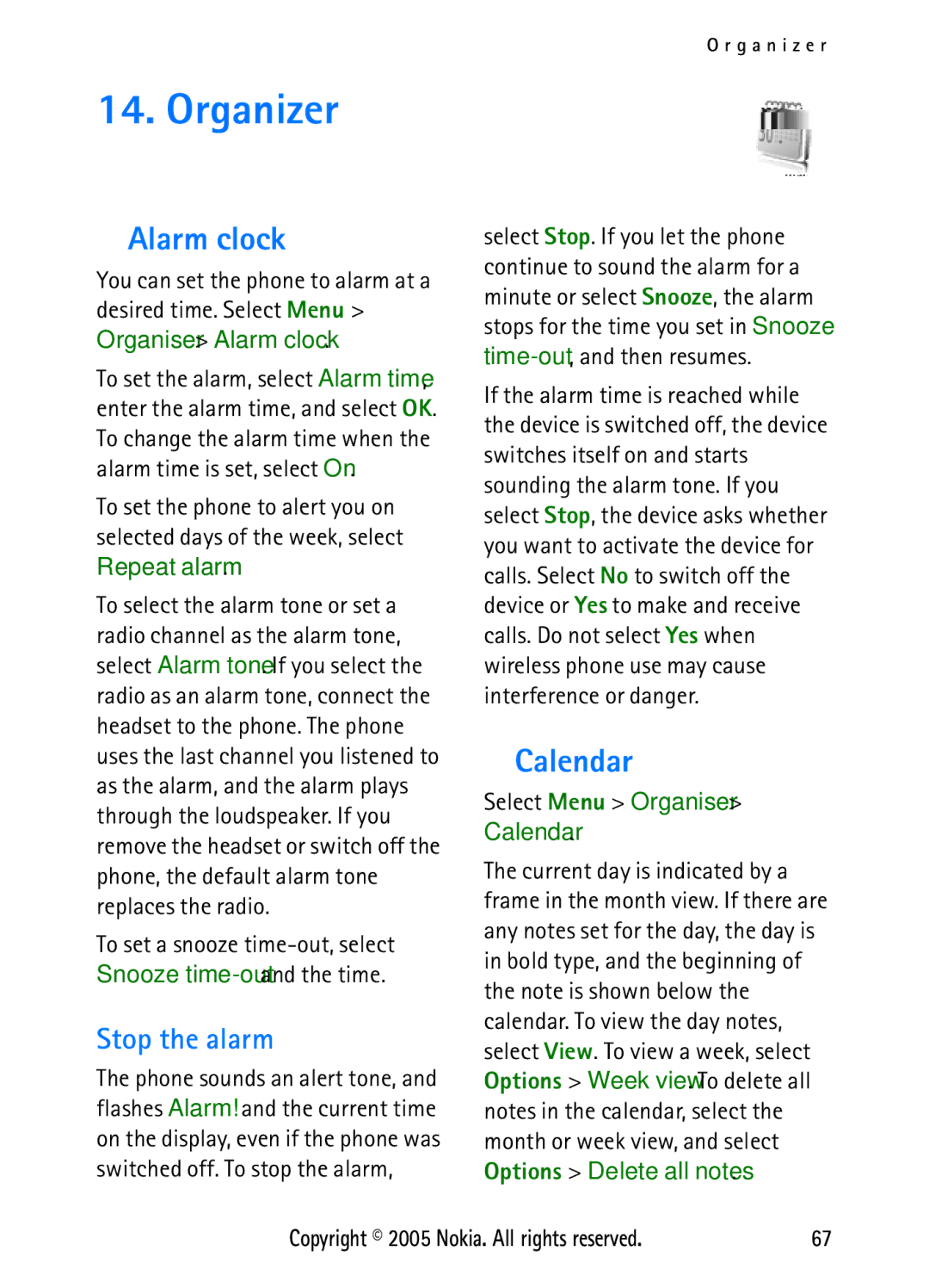 Nokia N6270 manual Organizer, Alarm clock, Stop the alarm, Select Menu Organiser Calendar 