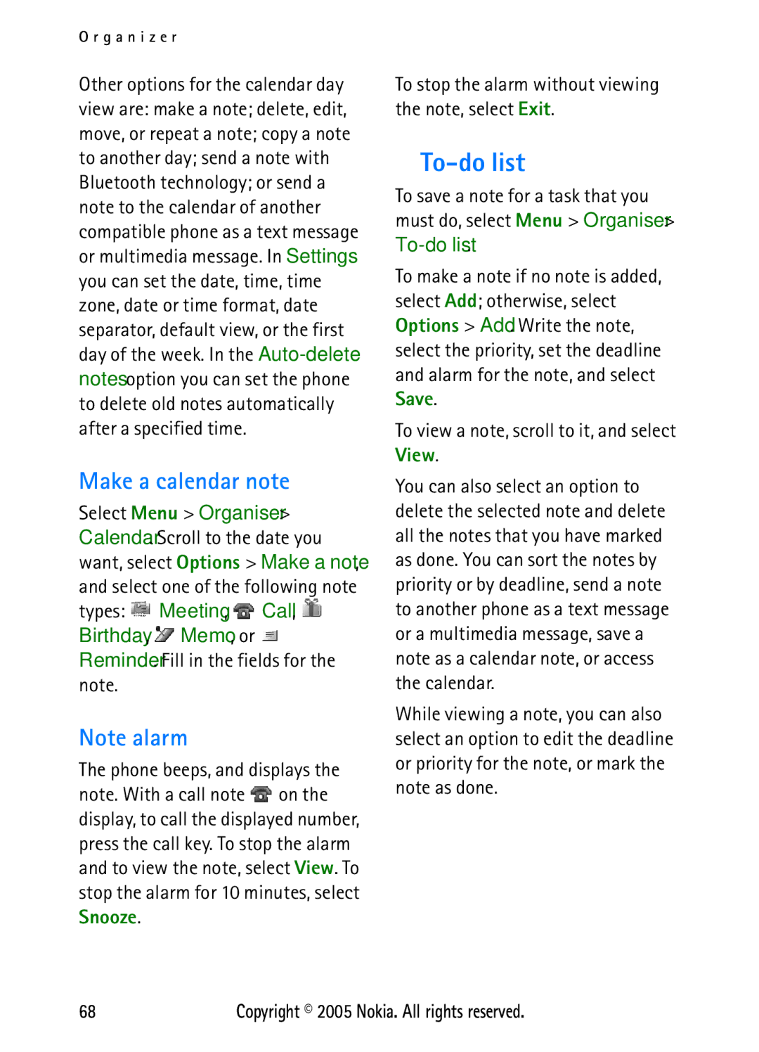 Nokia N6270 manual To-do list, Make a calendar note, To stop the alarm without viewing the note, select Exit 