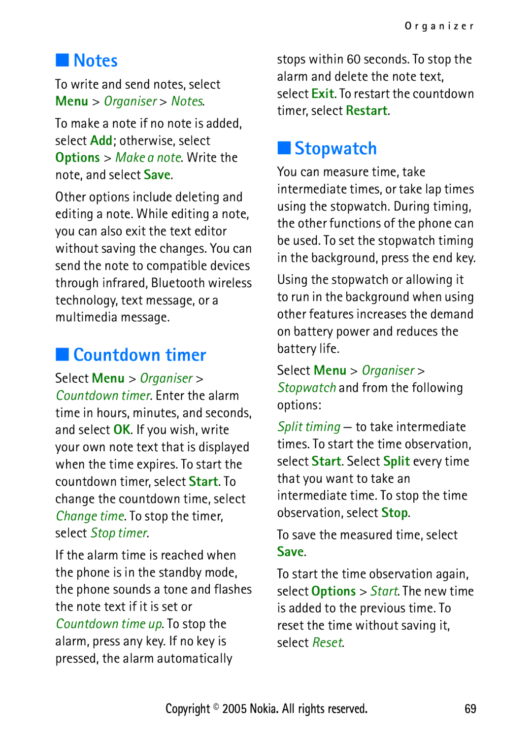 Nokia N6270 manual Countdown timer, Stopwatch 