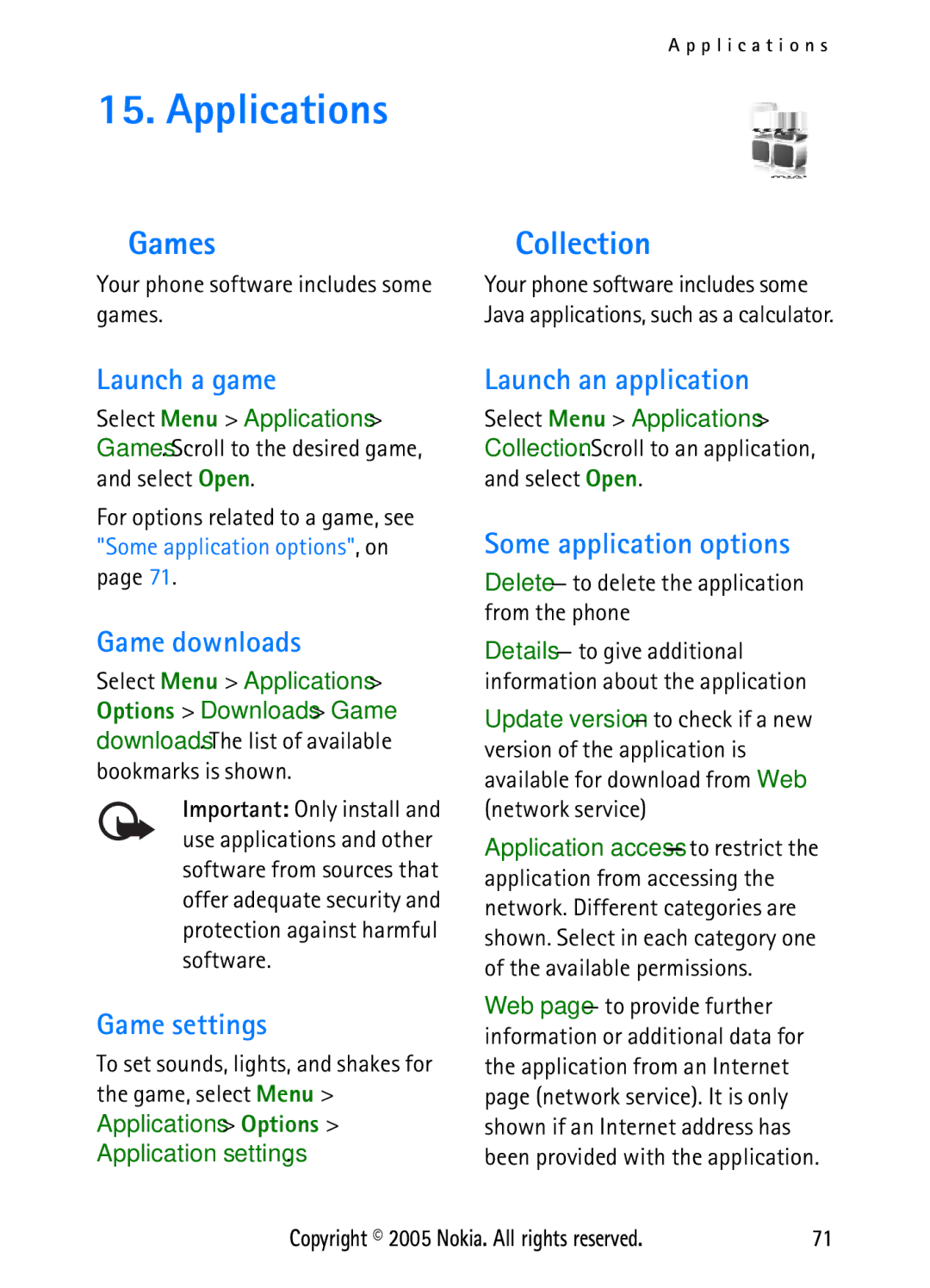 Nokia N6270 manual Applications, Games, Collection 