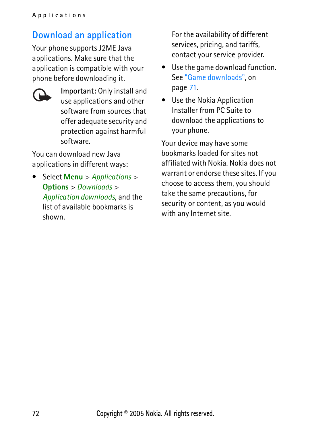Nokia N6270 manual Download an application, Use the game download function. See Game downloads, on 