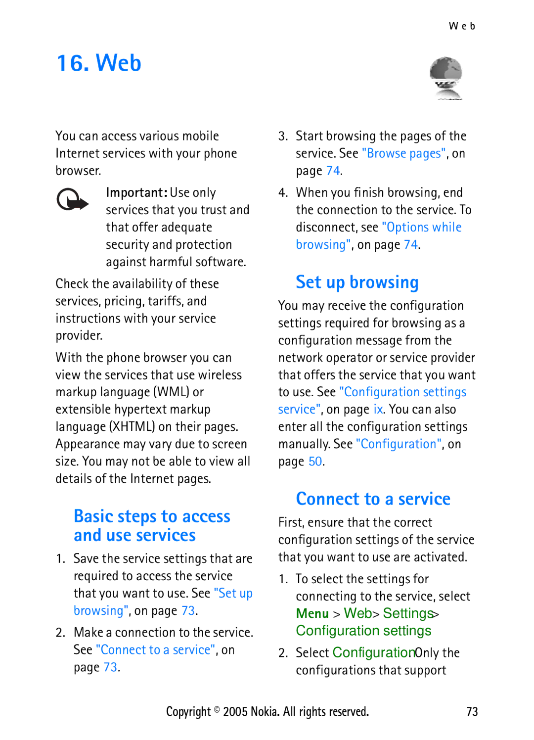 Nokia N6270 manual Web, Set up browsing, Connect to a service, Basic steps to access and use services 