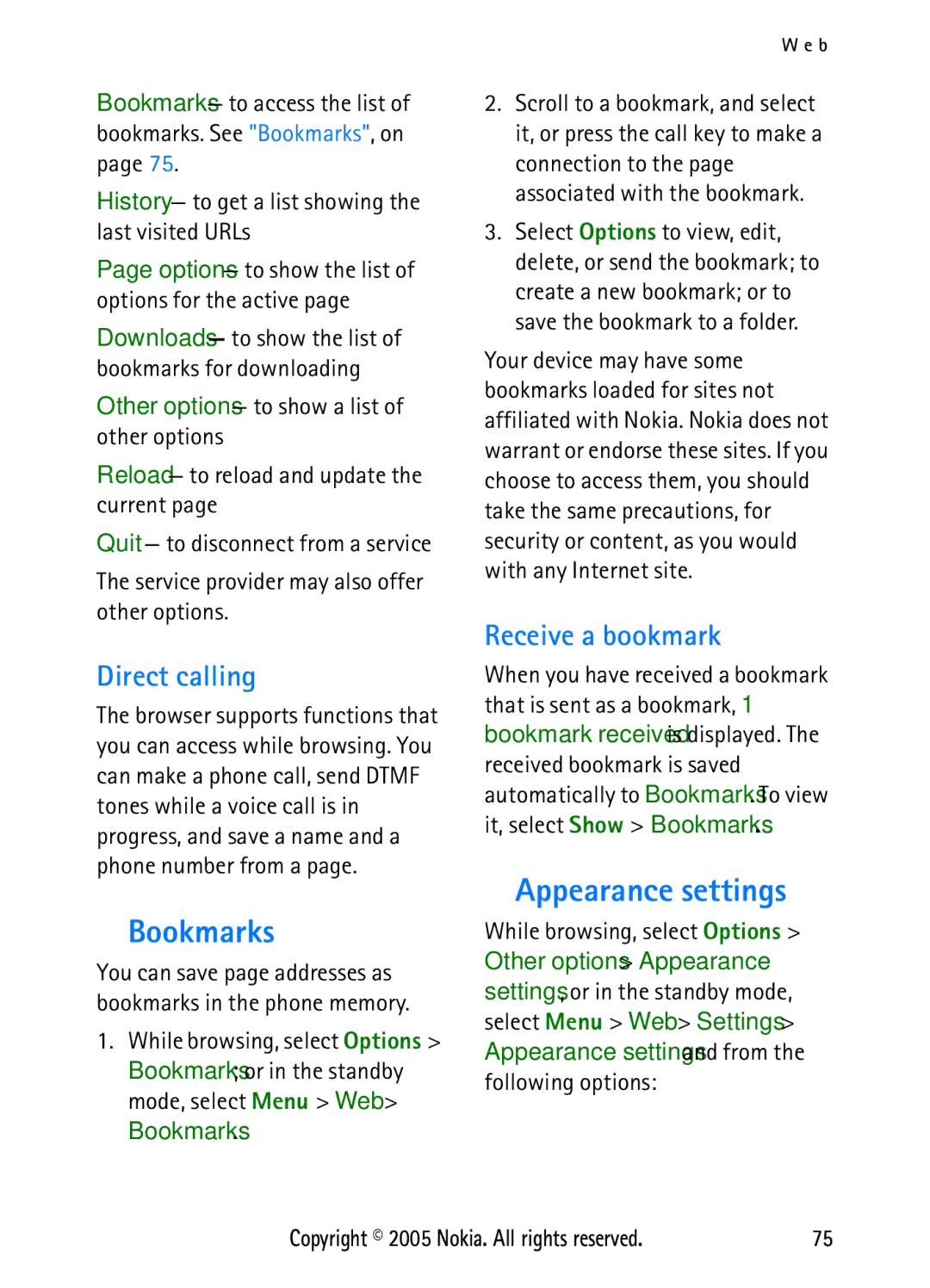 Nokia N6270 manual Bookmarks, Appearance settings, Direct calling, Receive a bookmark 