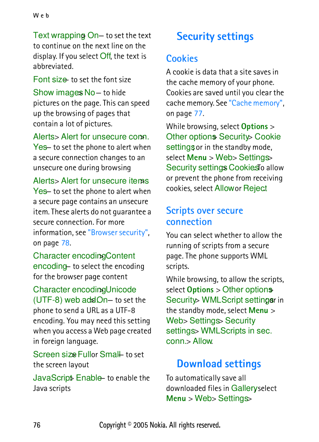 Nokia N6270 Security settings, Download settings, Cookies, Font size to set the font size, Scripts over secure connection 