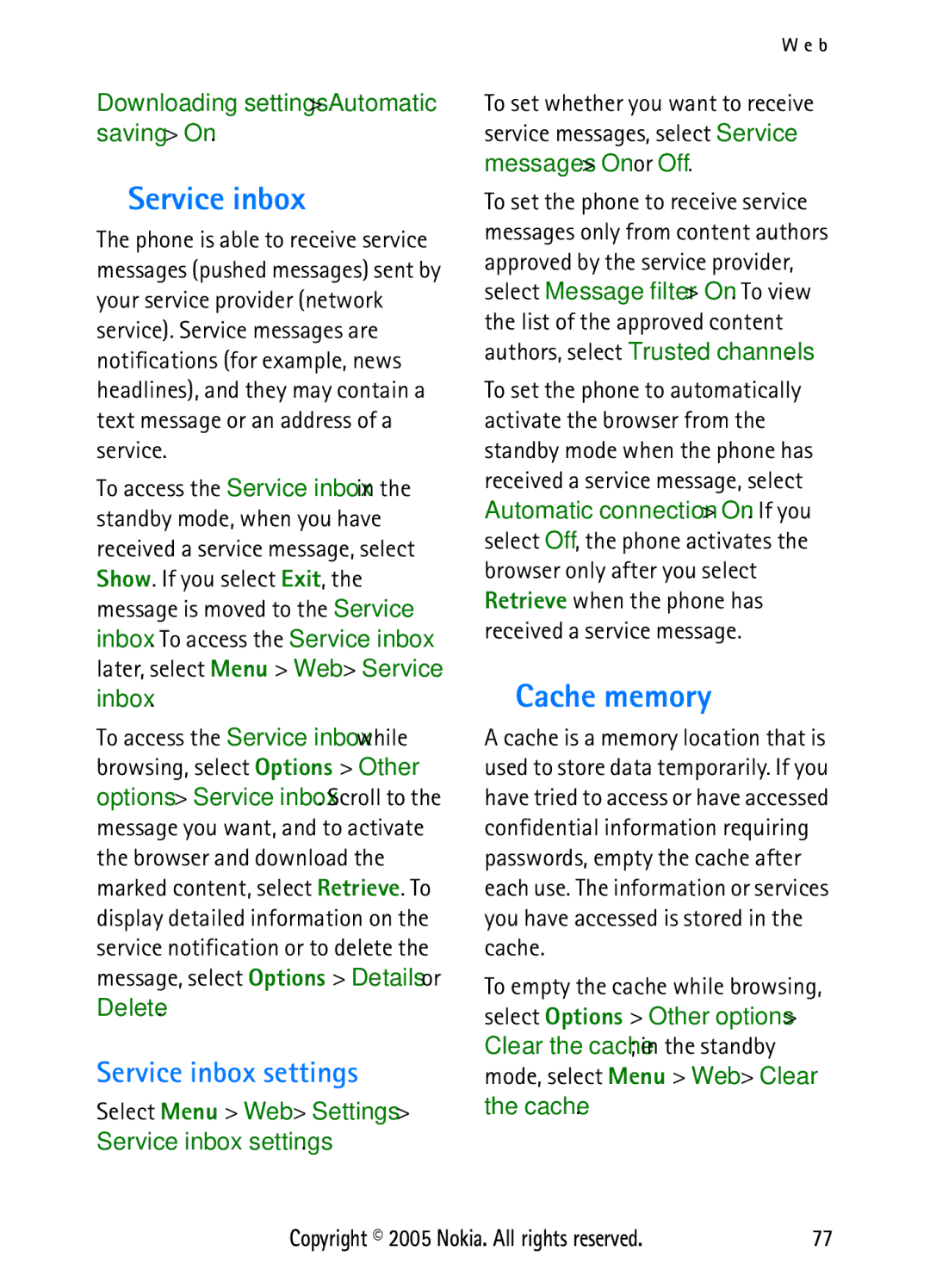 Nokia N6270 manual Cache memory, Service inbox settings 