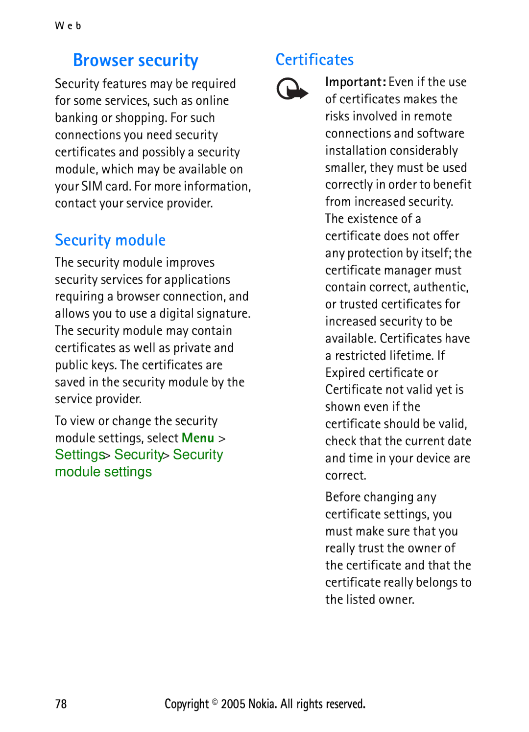Nokia N6270 manual Browser security, Security module, Certificates 