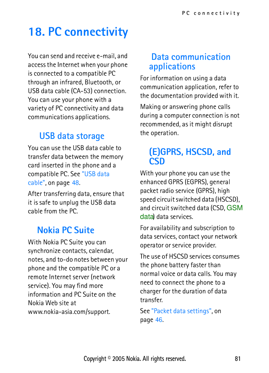 Nokia N6270 manual USB data storage, Nokia PC Suite, Egprs, Hscsd, Data communication applications 