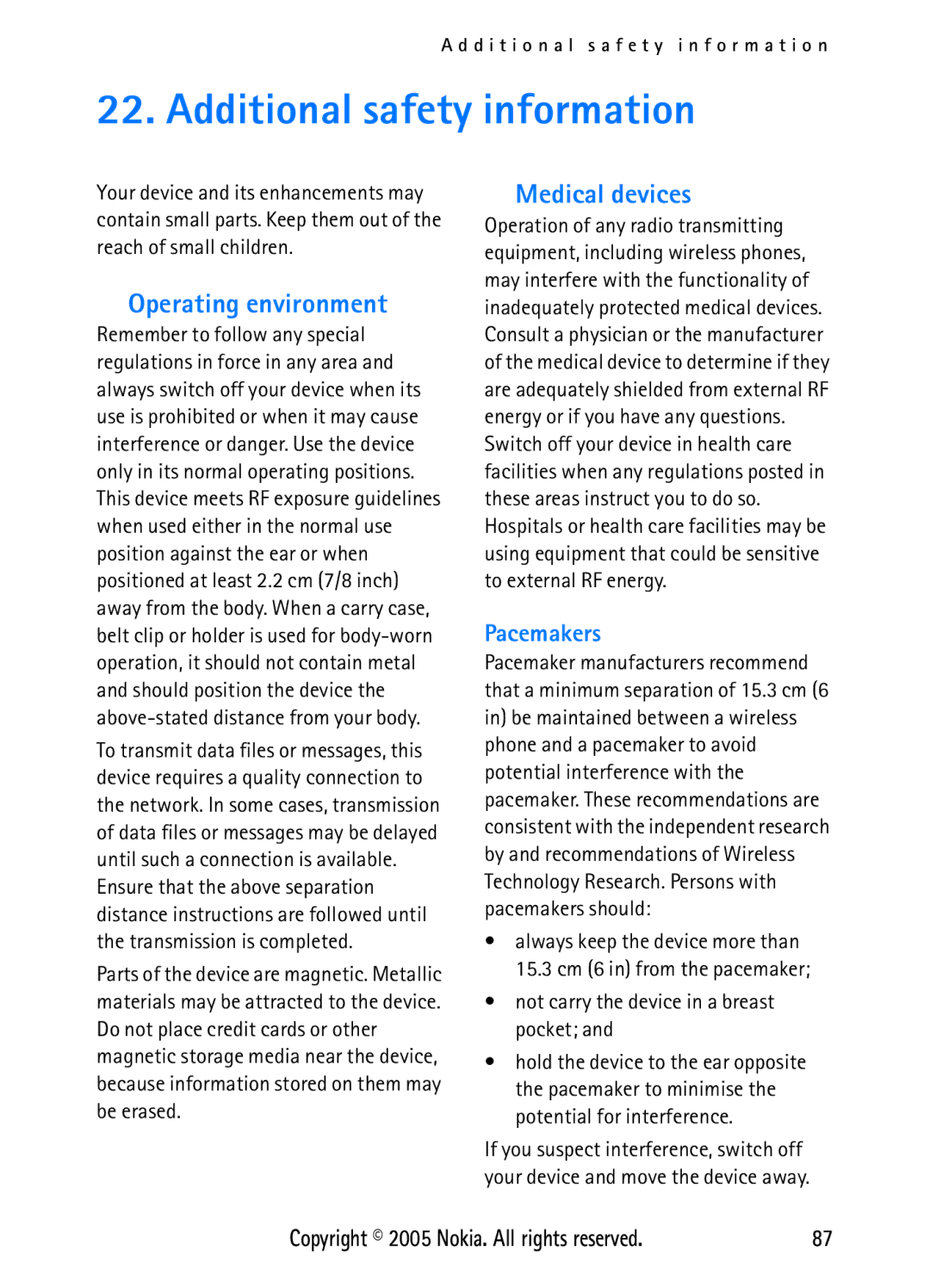 Nokia N6270 manual Additional safety information, Operating environment, Medical devices, Pacemakers 