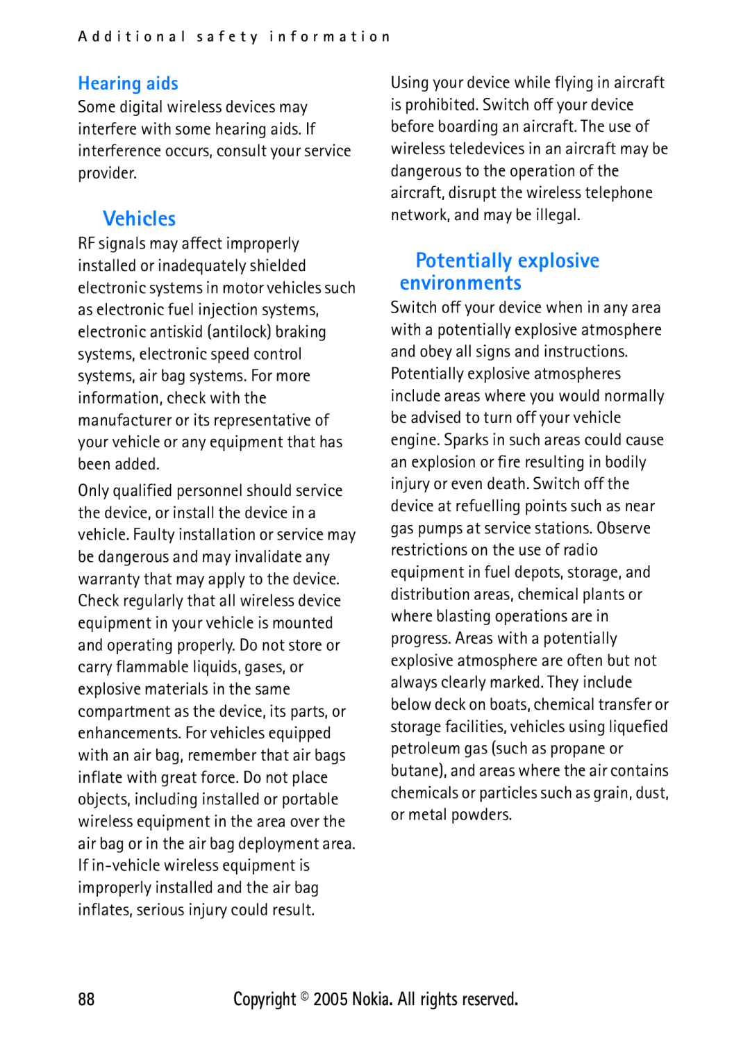 Nokia N6270 manual Vehicles, Hearing aids, Potentially explosive environments 