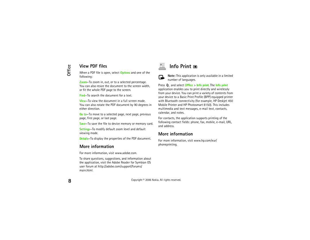 Nokia N70 manual Info Print 