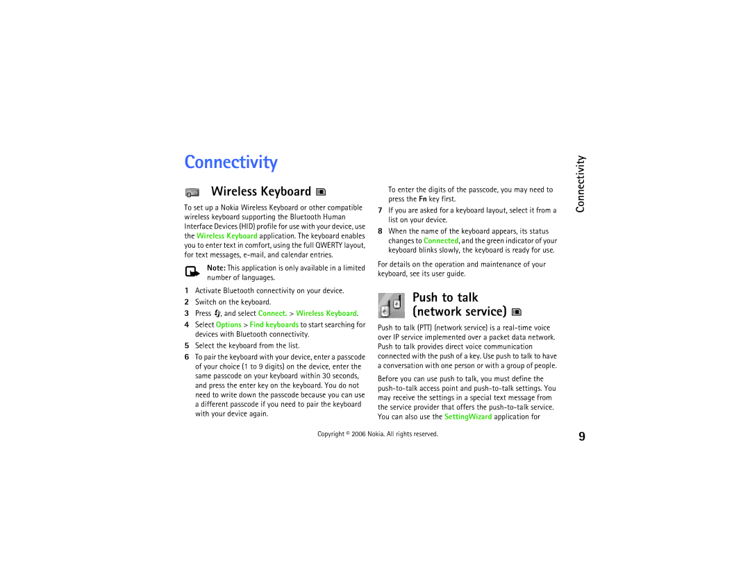 Nokia N70 manual Connectivity, Wireless Keyboard 