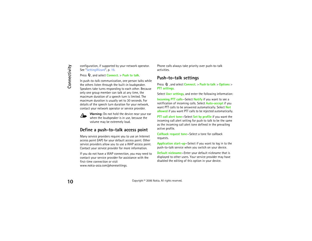 Nokia N70 manual Connectivity, Define a push-to-talk access point, Push-to-talk settings, Select Connect. Push to talk 