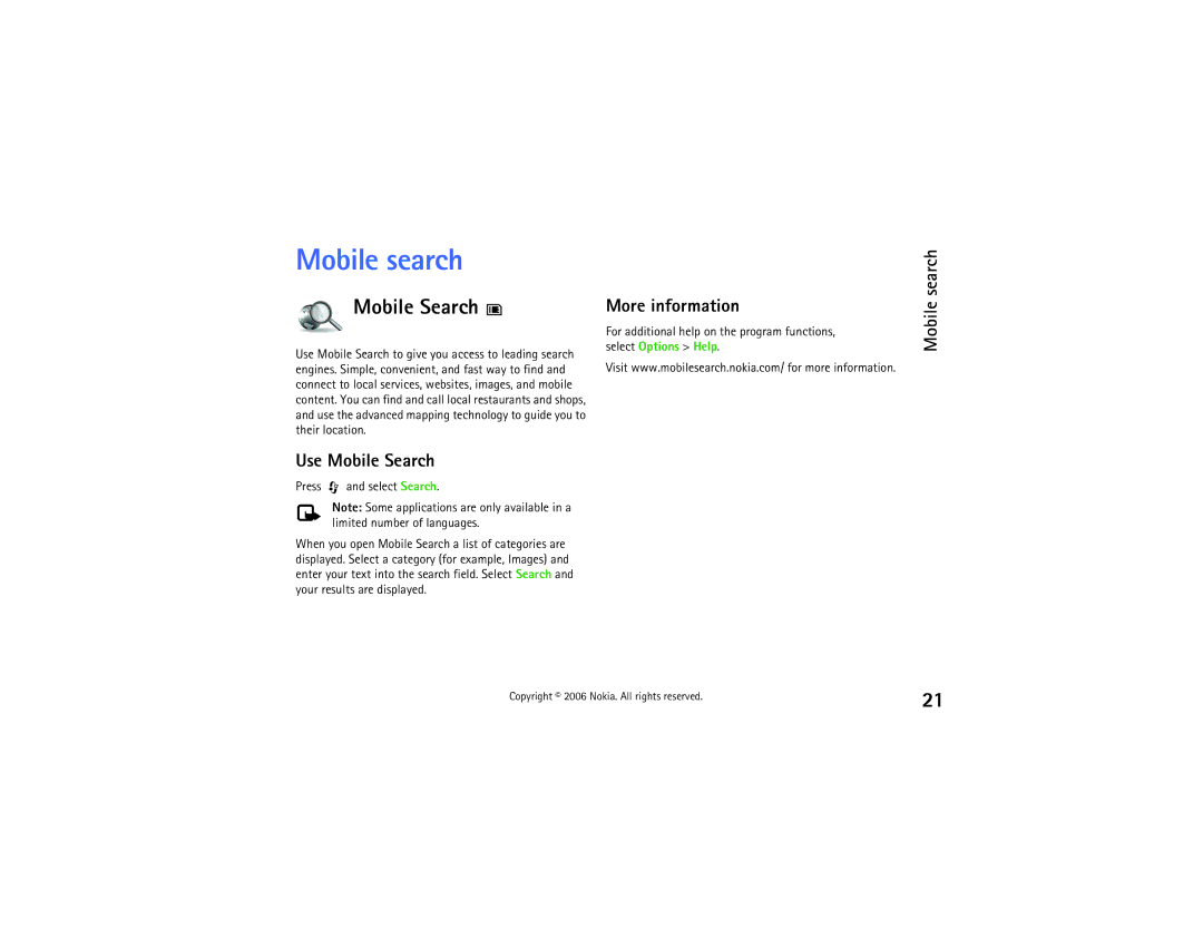 Nokia N70 manual Mobile search, Use Mobile Search 