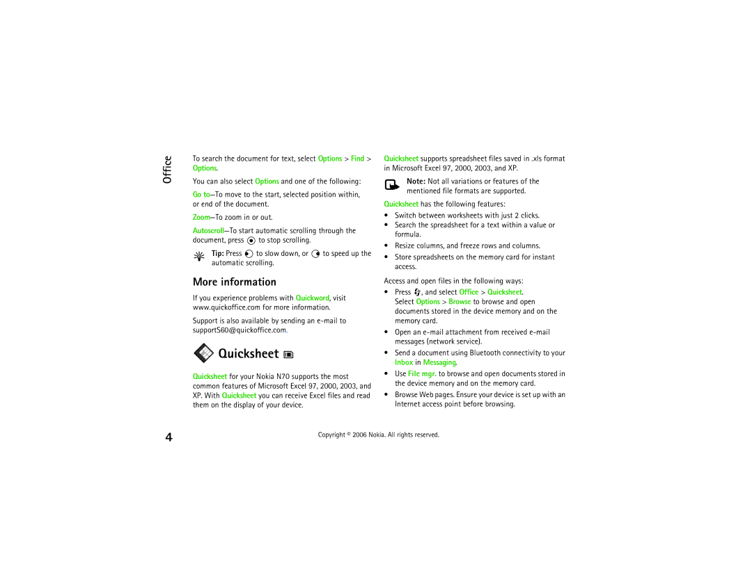 Nokia N70 manual Quicksheet, More information, Options 