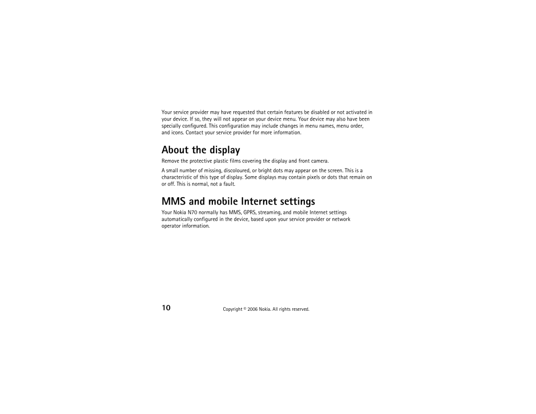 Nokia N70 quick start MMS and mobile Internet settings 