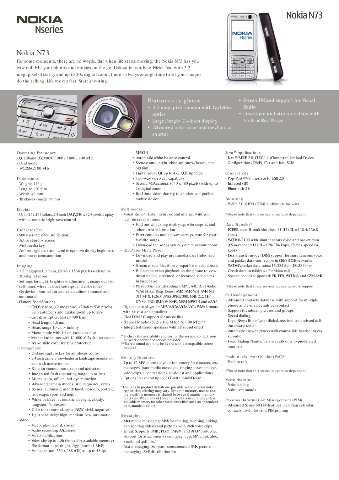 Nokia N73 dimensions Operating Frequency, Dimensions, Display, User Interface, Imaging, Multimedia, Memory Functions 