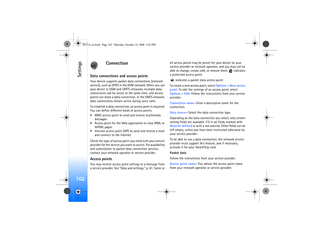 Nokia N75 manual 102, Connection, Data connections and access points, Access points, Packet data 