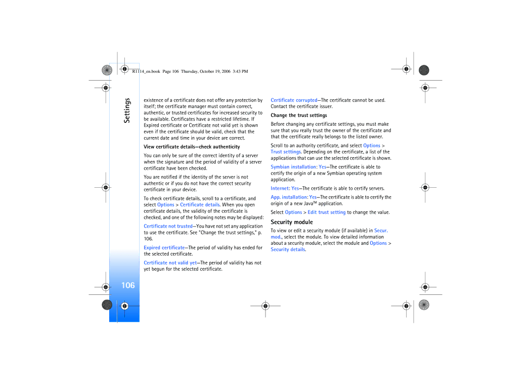 Nokia N75 manual 106, Security module, View certificate details-check authenticity, Change the trust settings 