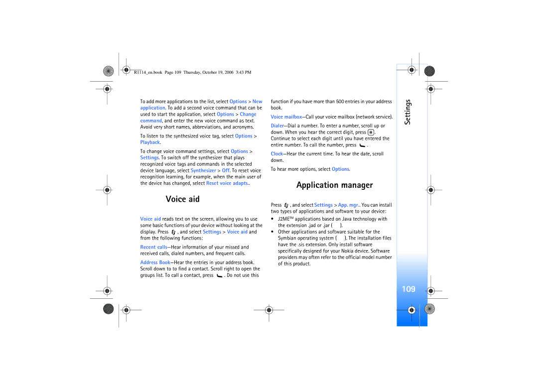 Nokia N75 manual Voice aid, Application manager, 109 