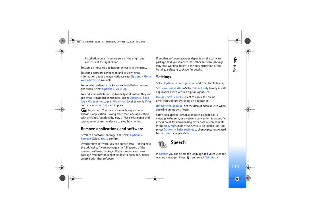 Nokia N75 manual Speech, 111, Remove applications and software 