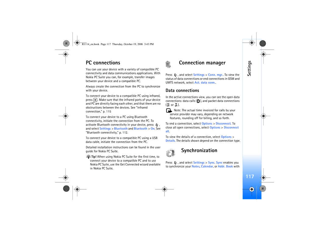 Nokia N75 manual PC connections, Connection manager, Synchronization, 117, Data connections 