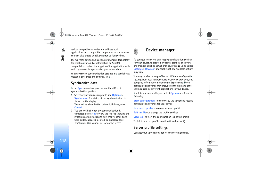 Nokia N75 manual 118, Device manager, Synchronize data, Server profile settings 