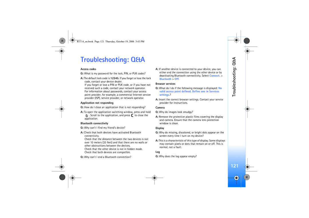 Nokia N75 manual 121, Troubleshooting Q&A 