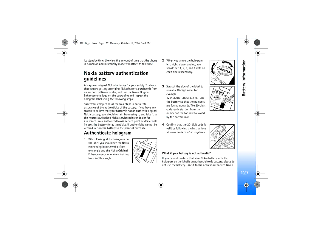 Nokia N75 manual 127, What if your battery is not authentic? 