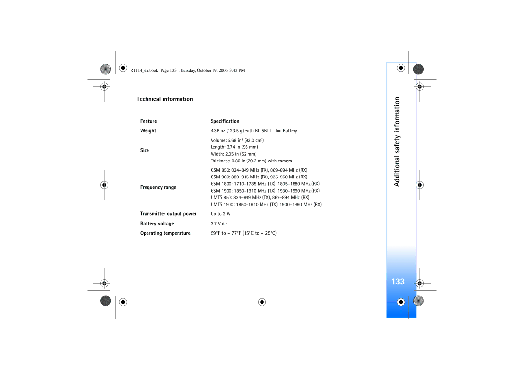 Nokia N75 manual 133, Technical information 