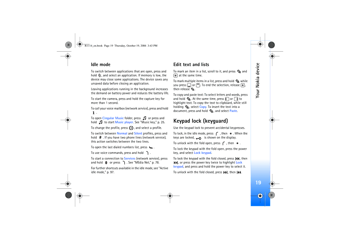 Nokia N75 manual Keypad lock keyguard, Idle mode, Edit text and lists 