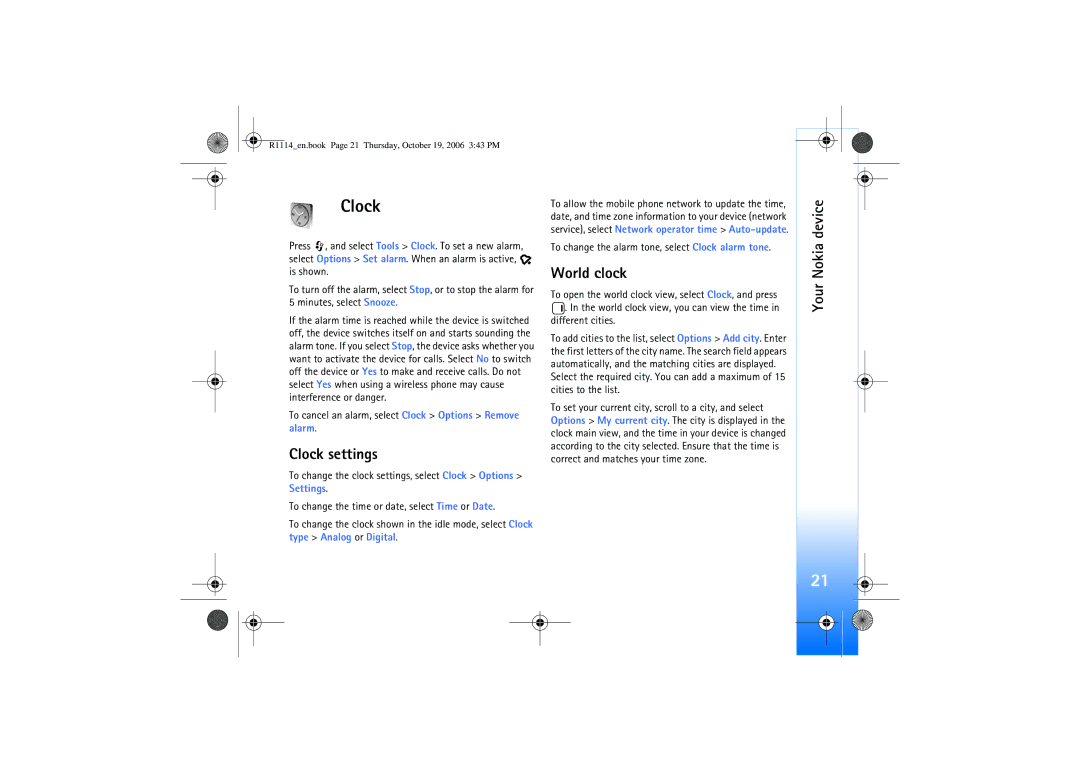 Nokia N75 manual Clock settings, World clock, To cancel an alarm, select Clock Options Remove alarm 