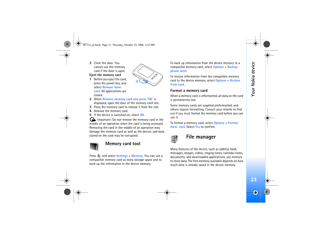 Nokia N75 manual File manager, Memory card tool, Format a memory card, Card if the door is open, Eject the memory card 