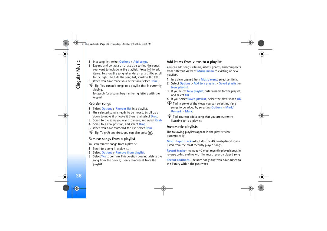 Nokia N75 manual Reorder songs, Remove songs from a playlist, Add items from views to a playlist, Automatic playlists 