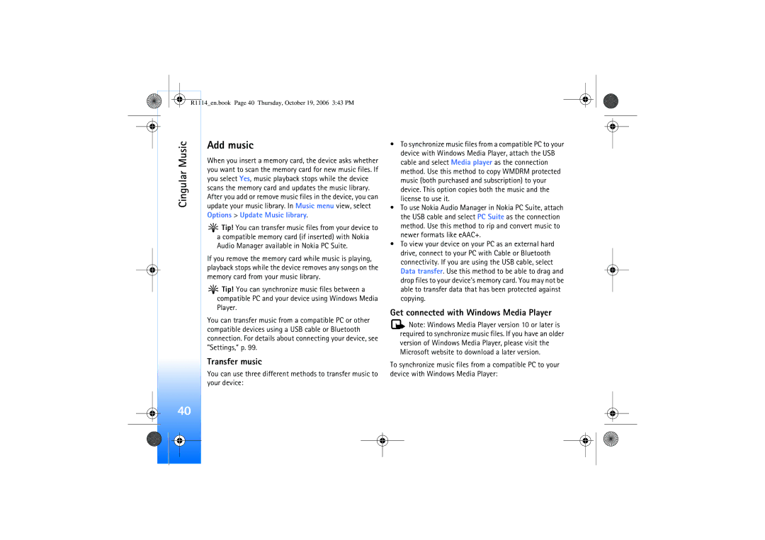 Nokia N75 manual Cingular Music Add music, Transfer music, Get connected with Windows Media Player 