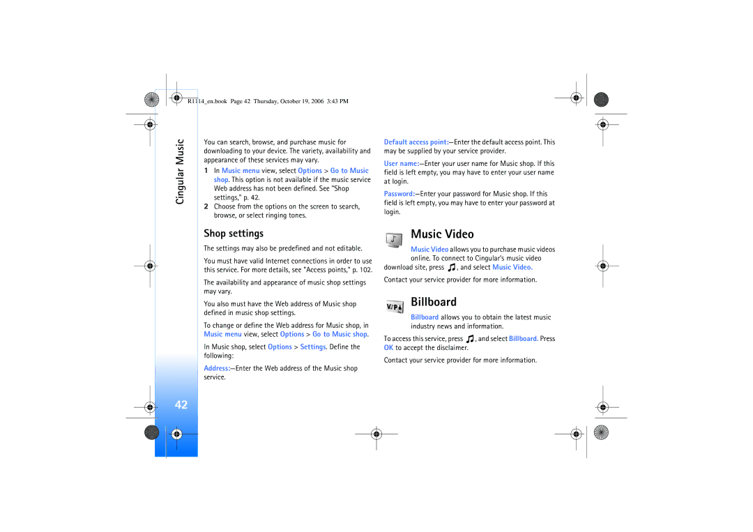 Nokia N75 manual Music Video, Billboard, Shop settings, Settings may also be predefined and not editable 