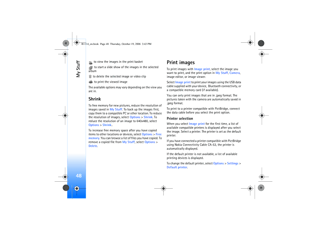 Nokia N75 manual Print images, Shrink, Printer selection, Jpeg format 