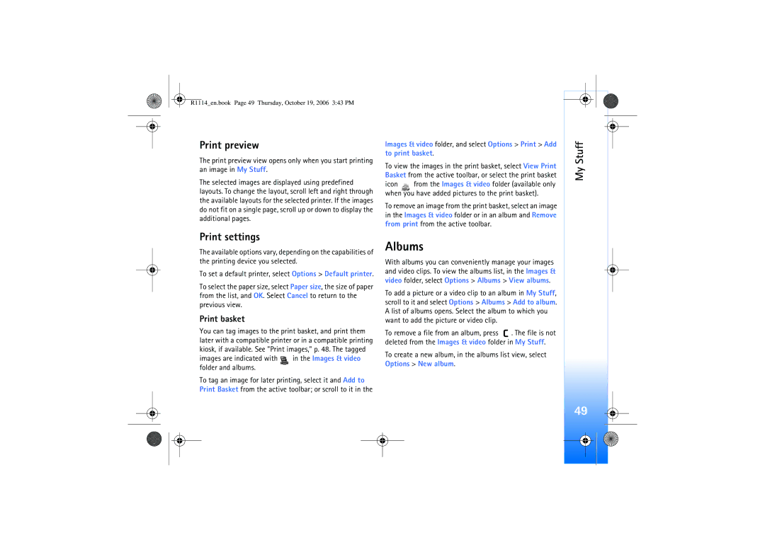 Nokia N75 manual Albums, Print preview, Print settings, Print basket 