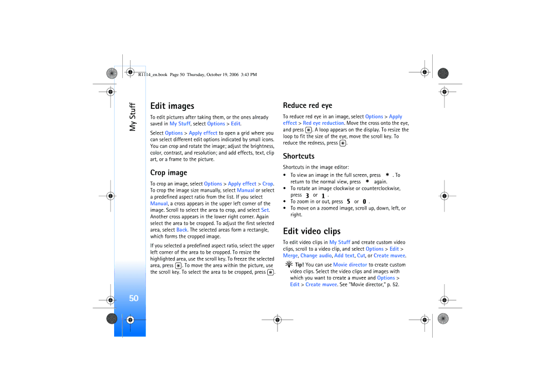 Nokia N75 manual Edit images, Edit video clips, Crop image, Reduce red eye, Shortcuts 