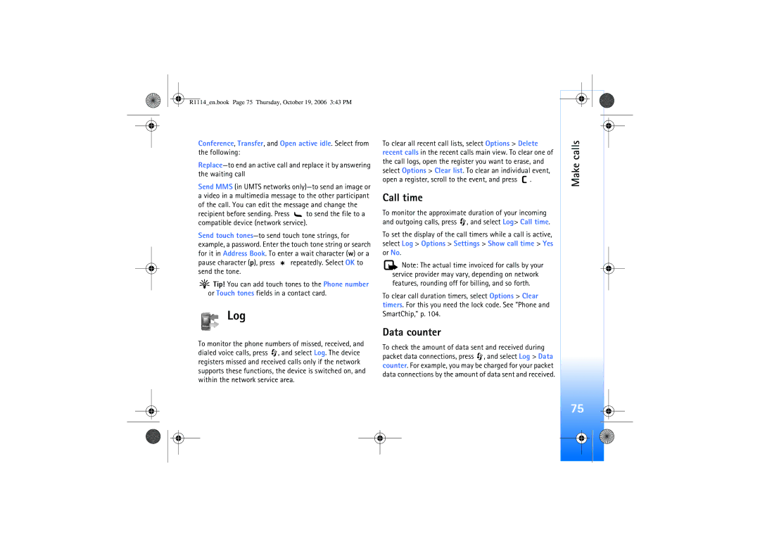 Nokia N75 manual Log, Call time, Data counter 