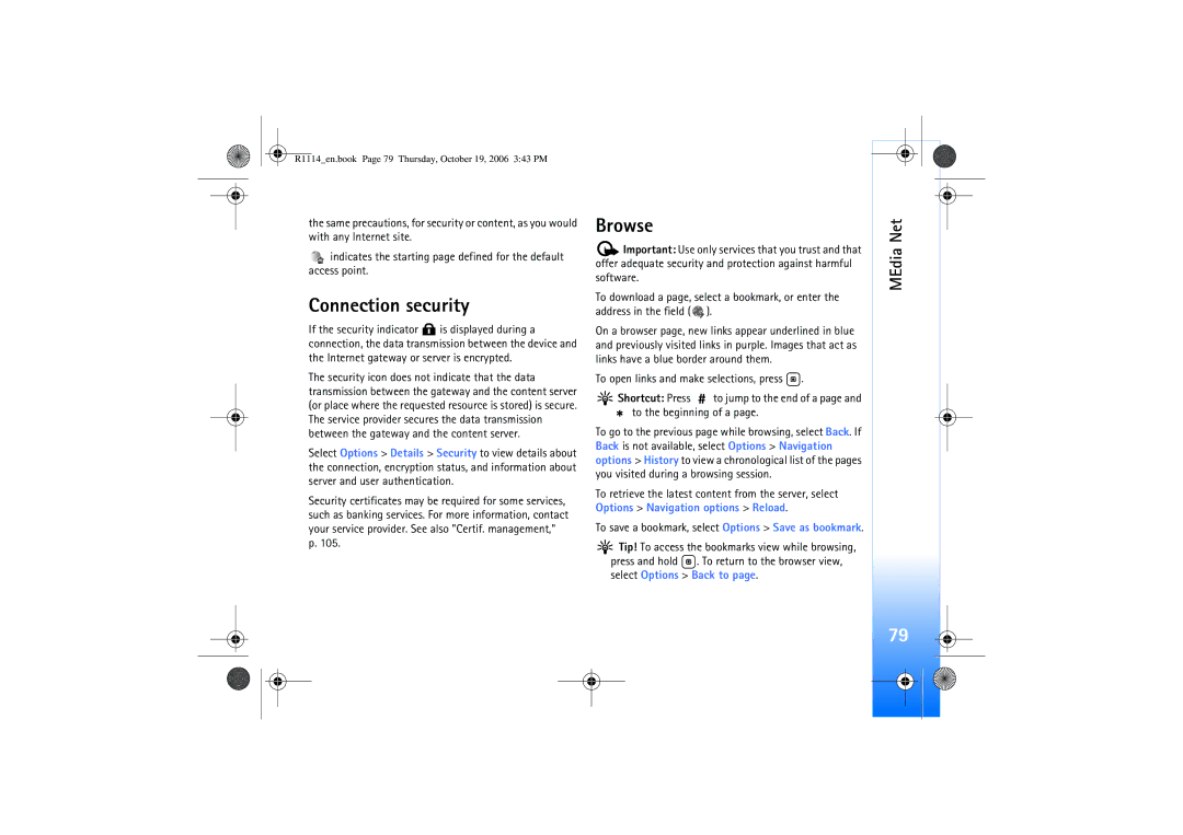 Nokia N75 manual Connection security, Browse, Shortcut Press, To the beginning of a 