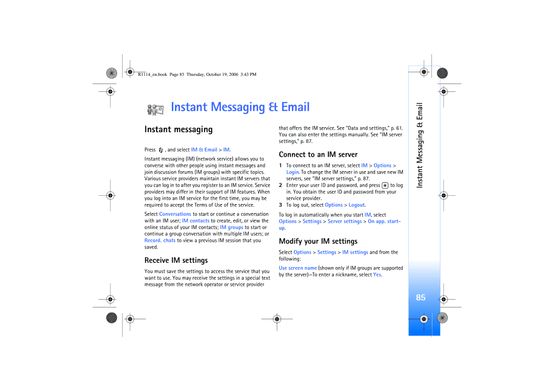 Nokia N75 manual Instant Messaging & Email, Instant messaging, Receive IM settings, Connect to an IM server 