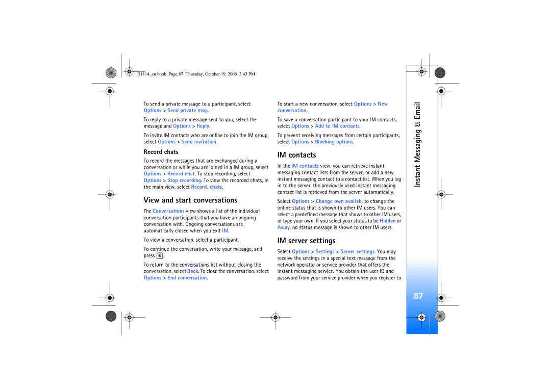 Nokia N75 manual Messaging & Email, View and start conversations, IM contacts, IM server settings, Instant 