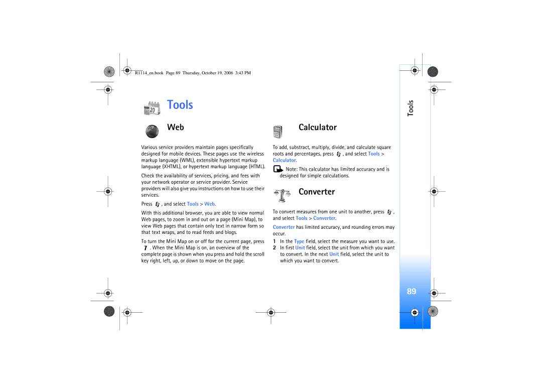 Nokia N75 manual Tools, Web, Converter, Calculator 