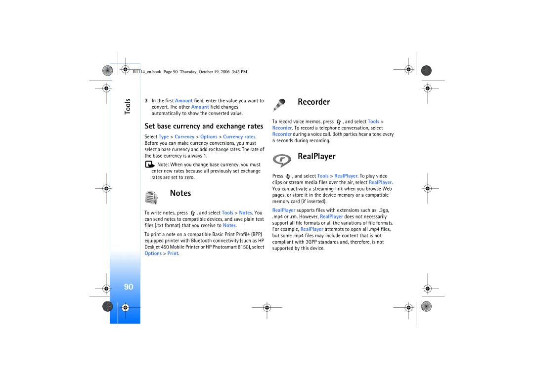Nokia N75 manual Recorder, RealPlayer, Set base currency and exchange rates 