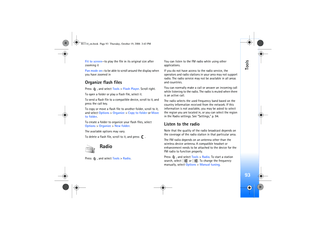 Nokia N75 manual Radio, Organize flash files, Listen to the radio 