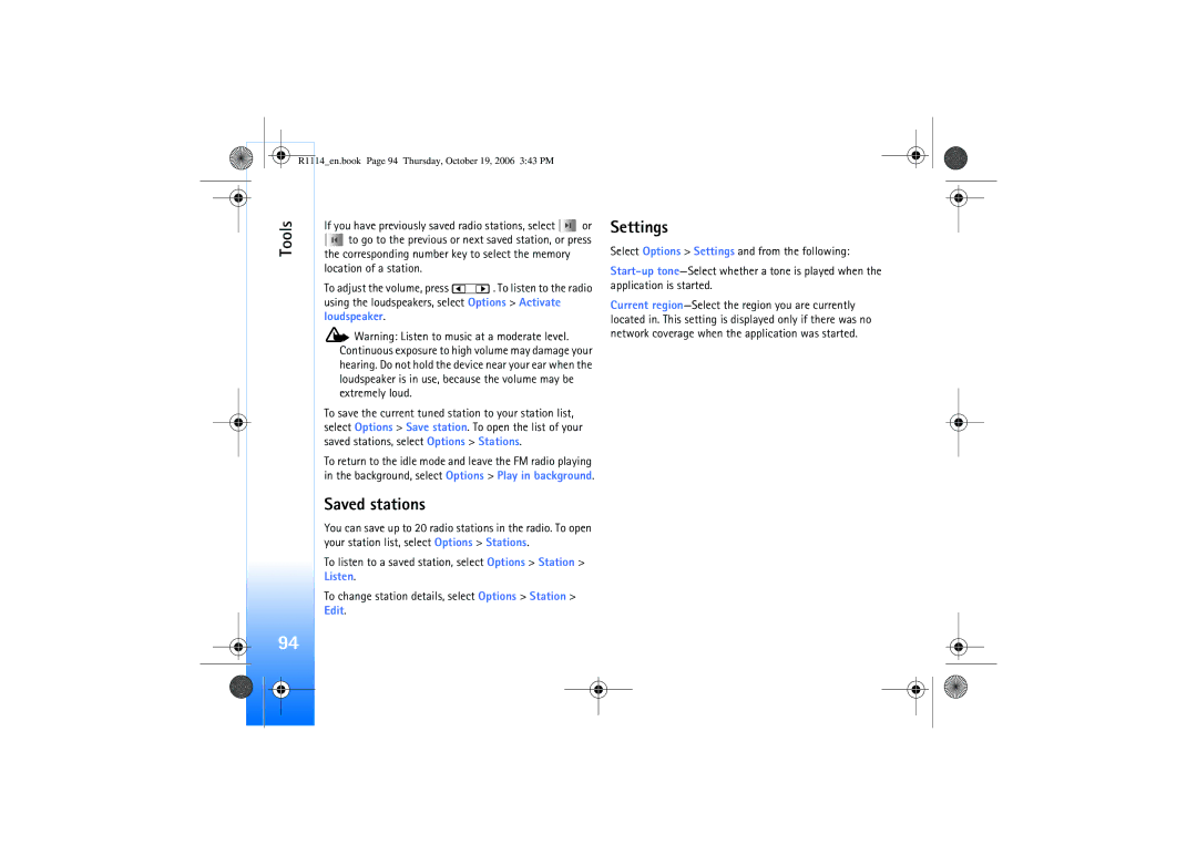 Nokia N75 manual Saved stations, Settings 