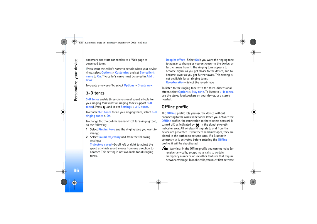 Nokia N75 manual Tones, Offline profile 